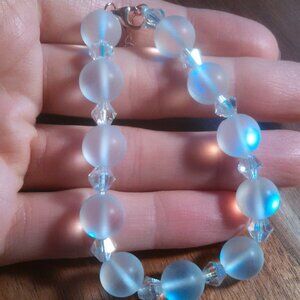 White Aurora Borealis and White Glass 14K gold over Sterling Silver Bracelet